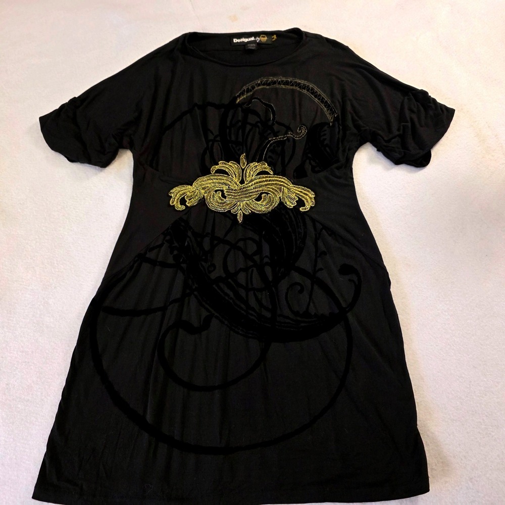 Desigual by Christian Lacroix Black Gold Embroidered Velvet Scroll Dress XL